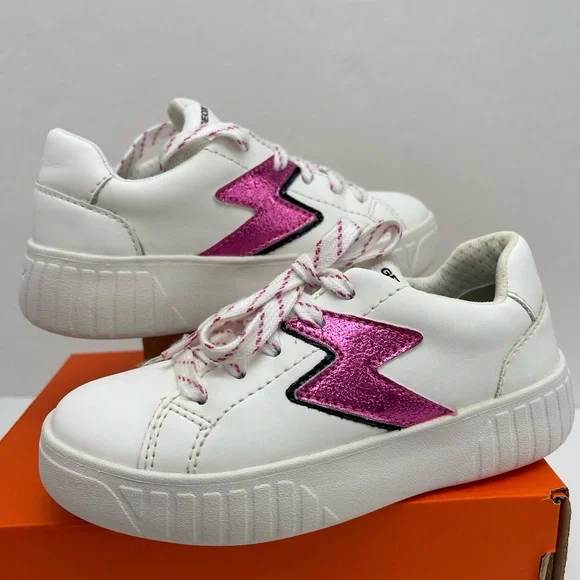 Geox Kids White Leather Sneakers with Pink Lightning Bolt with orthopedic insole - Picture 8 of 16